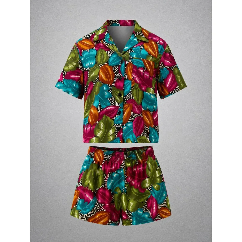 Vintage Cristin Stevens 2 Piece Tropical Floral Shirt Shorts Set Medium USA